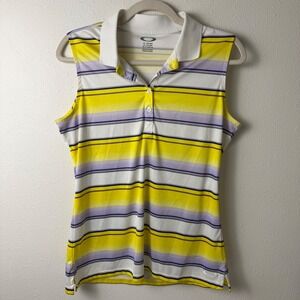 Oakley Womens Sleeveless Polo Shirt Yellow Purple Striped Golf Top Size Medium